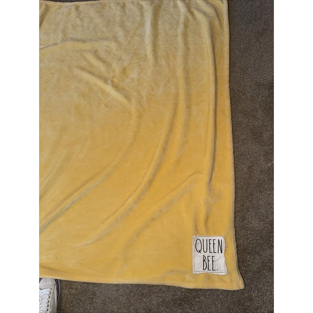 Rae Dunn “Queen Bee” Patch Plush Blanket ~ 50” x 60” Yellow Gently Used